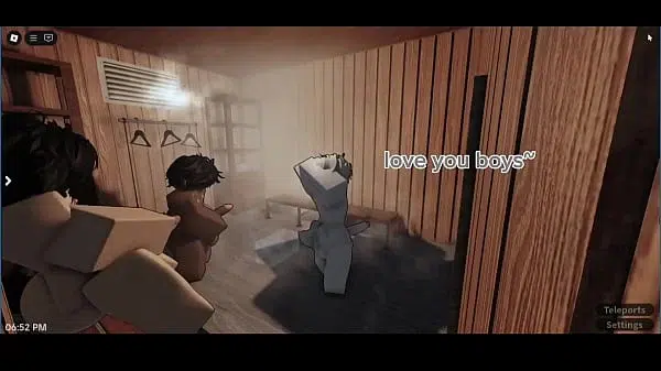 Femboy threesome in a sauna